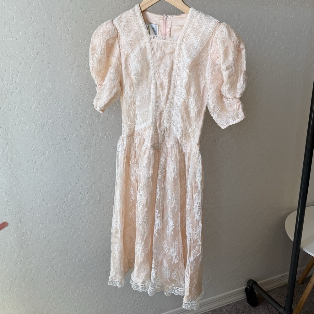 VTG 80s Gunne Sax Jessica McClintock Lace Dress Pastel Pink Puff Sleeve JR sz 9
